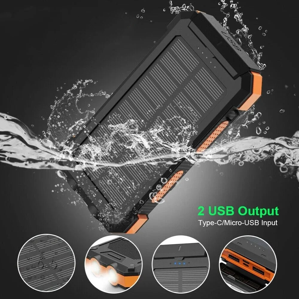 8000mAh Solar Power Bank Large Capacity Mobile Power Fast Charging Power Bank Waterproof With Compass Torch 10W For iOS Android