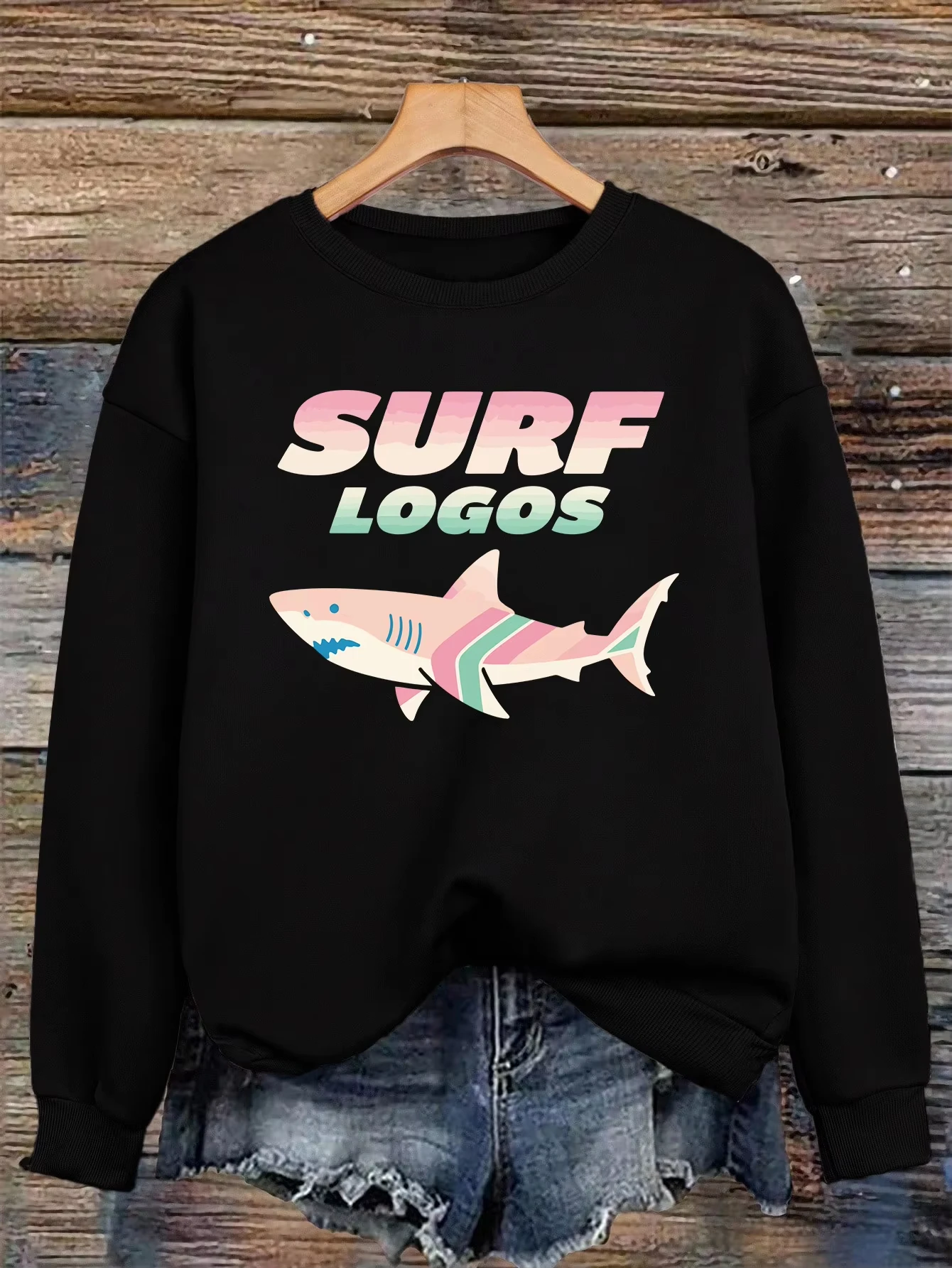 

Толстовка с логотипом серфинга и принтом акулы и океана, женский повседневный флисовый пуловер в стиле хип-хоп, уличная одежда с круглым вырезом, универсальная осенняя женская одежда