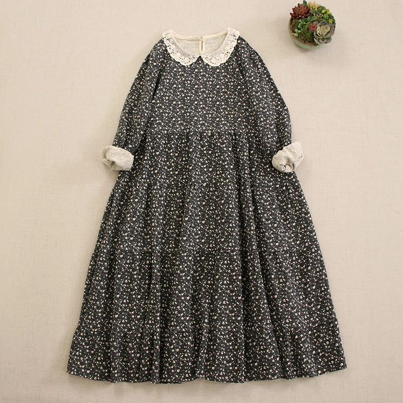 Autumn New Japanese Mori Girl Vintage Floral Print Cotton Dress Women Embroidery Peter Pan Collar Long Sleeve Loose Midi Dresses