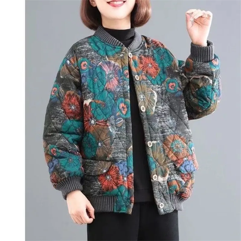 Retro Style Printed Cotton Padded Thick Cotton Jacket Fashion Autumn Winter Coat Middle Aged Elderly Women Keep Warm Outerwear