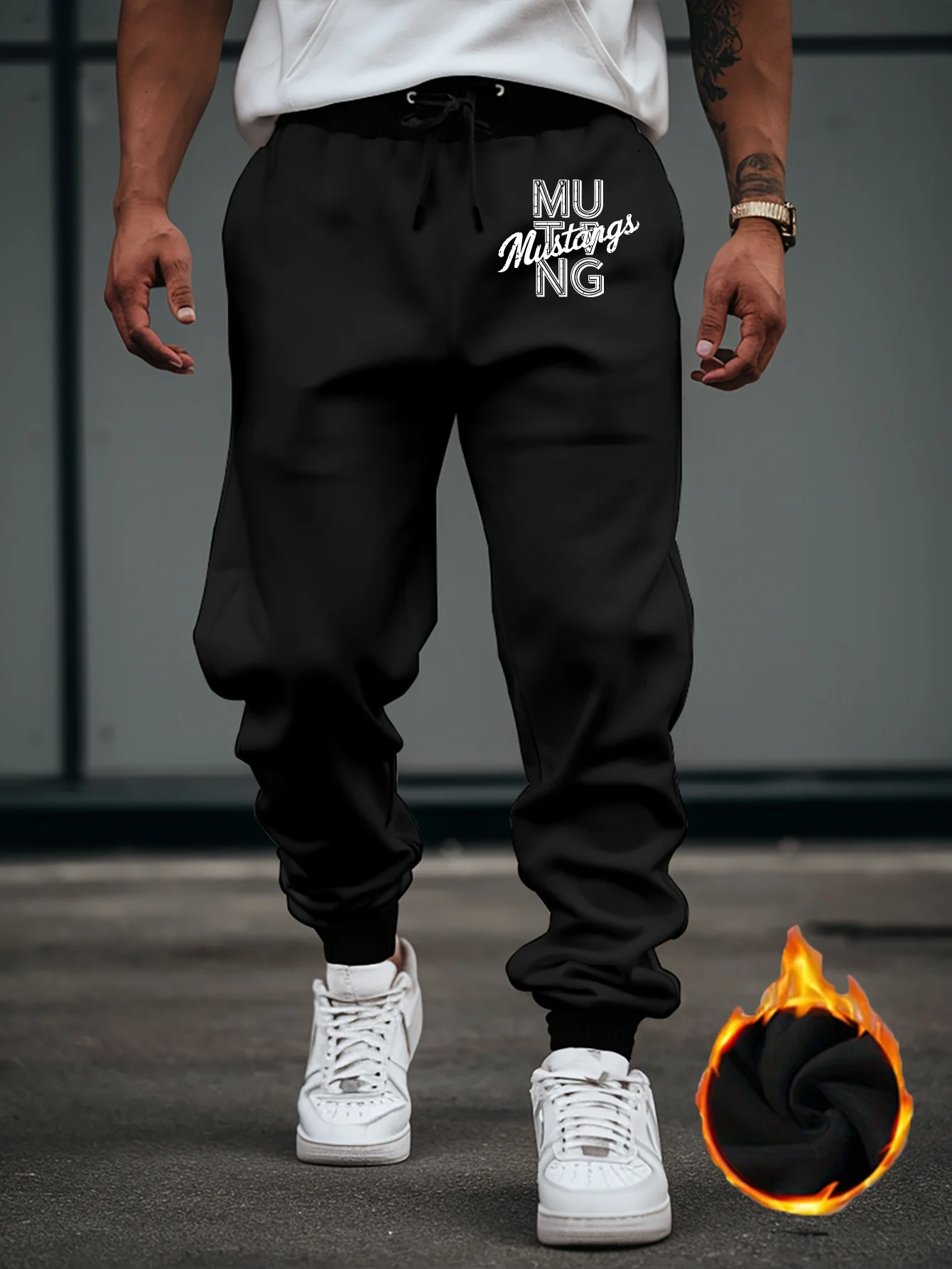 Bold‑forward Mustangs Mixed‑Layer Art Letter Graphic Print Stylish Tapered Sweatpants Men Hip Hop Sports Jogger Trousers