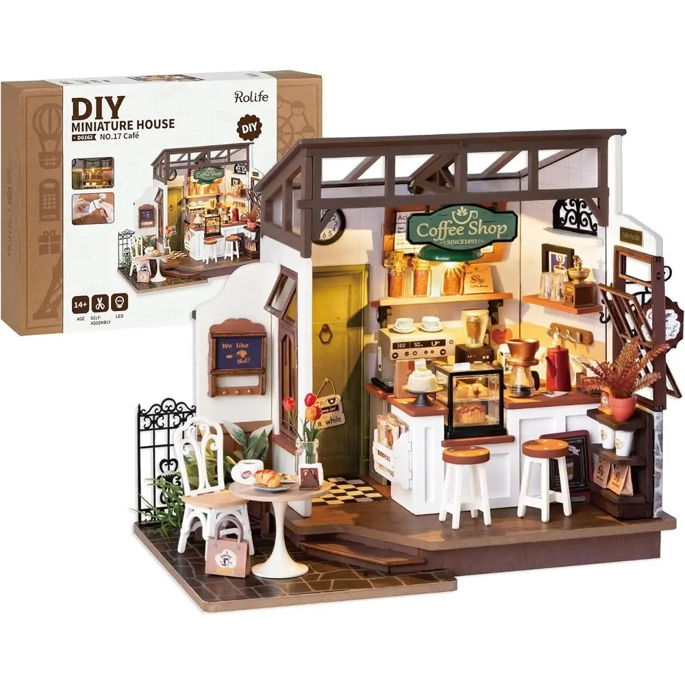 

Rolie Coee Shop Miniature Dollhouse Kit with LED Lights - DIY Crats or Adults, Birthday Gits and Hobbies