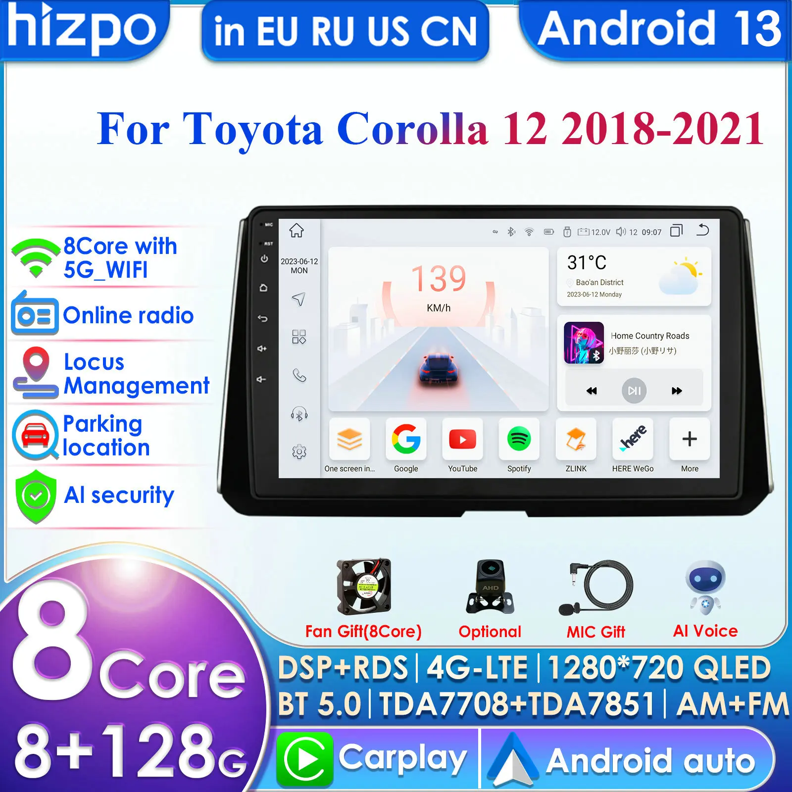 Hizpo 4G 10.1'' AI Intelligent Systems Wireless CarPlay Android Auto Radio for Toyota Corolla Car Multimedia GPS 2din Autoradio