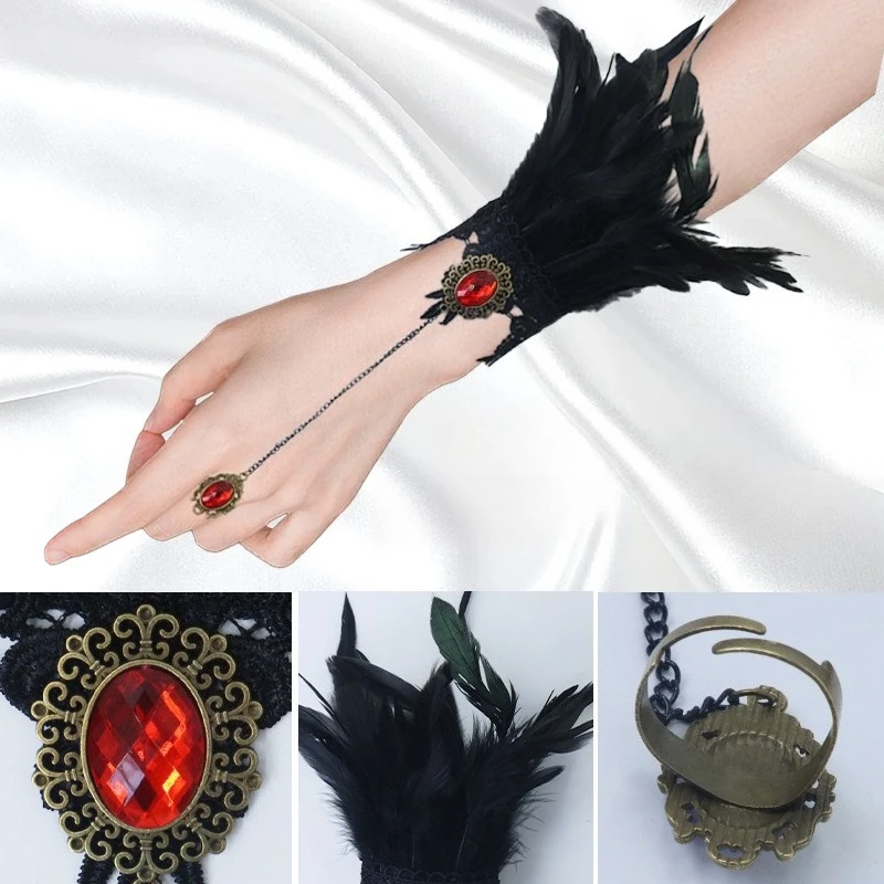 

Halloween New Lace Bracelet Single Finger Bracelet Gothic Style with Diamonds and Feathers Ring One-piece Hand Jewelry