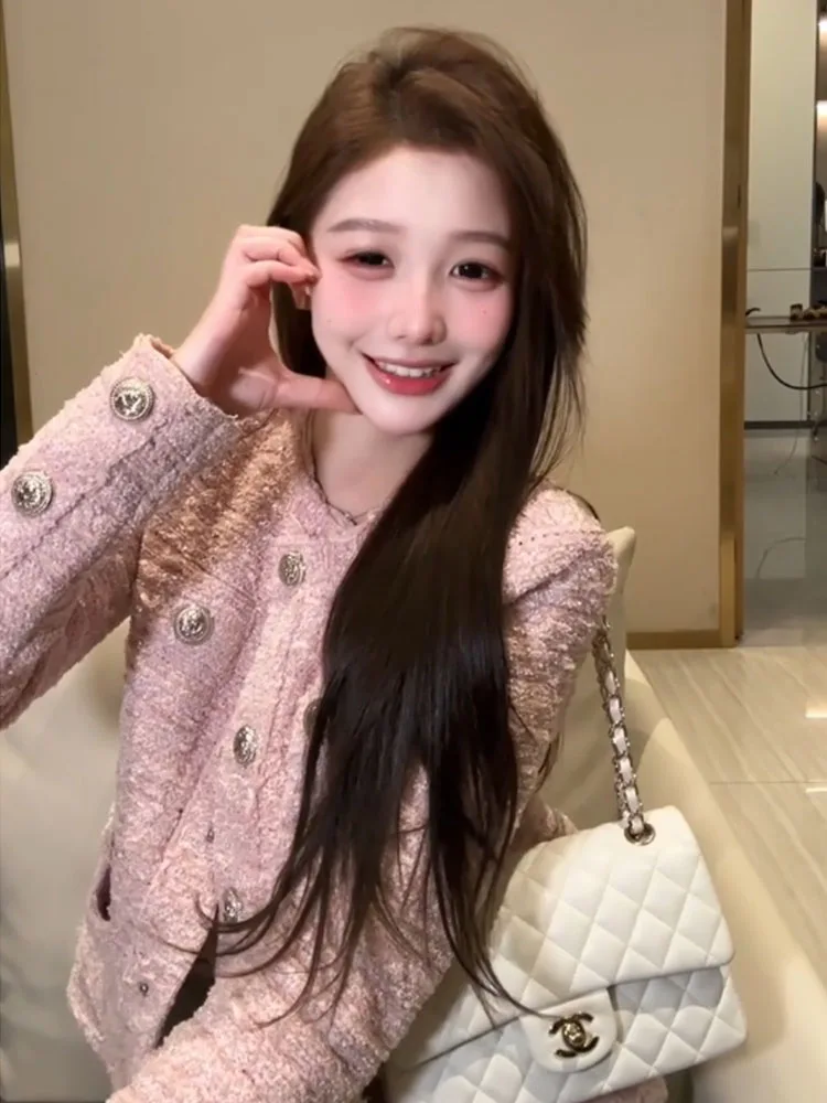 韓国風ピンクウールコート レディース 冬服 ファッション ユニーク 美しいボタンアップトップ レディース スタンドフィットジャケット