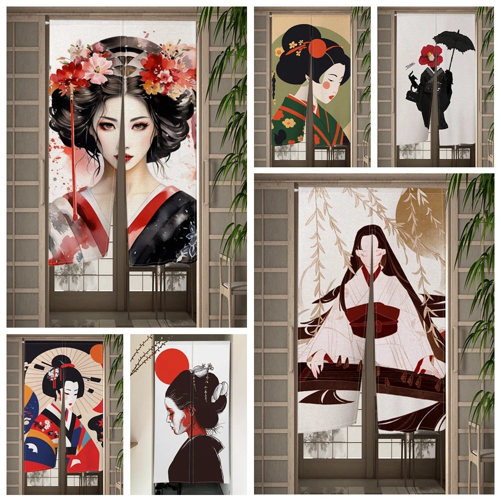 Kyoto Geisha Girls Japanese Door Curtain Ukiyo-E Pattern Cherry Blossom  Kitchen Doorway Curtain Entrance Hanging Half-Curtain