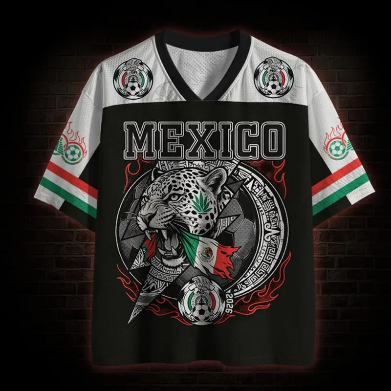 Mexico Aztec Tribal Soccer Jersey Mayan Calendar Skull Jaguar Eagle Print V Neck Tshirt Unisex Mexican Flag Casual Fan Apparel view 4