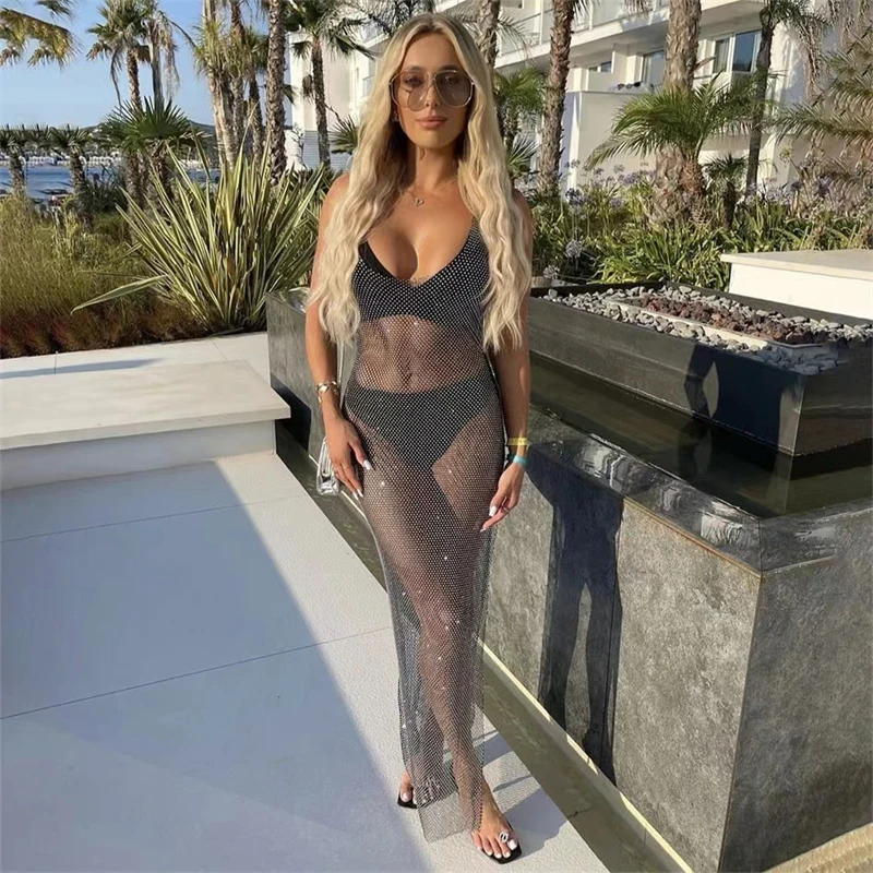 Fashion Casual Beach Wear Cover Ups For Swimwear Women See Through Mesh Long Dress 2024 Summer Sleeveless Hollow Mesh Robe Y2K