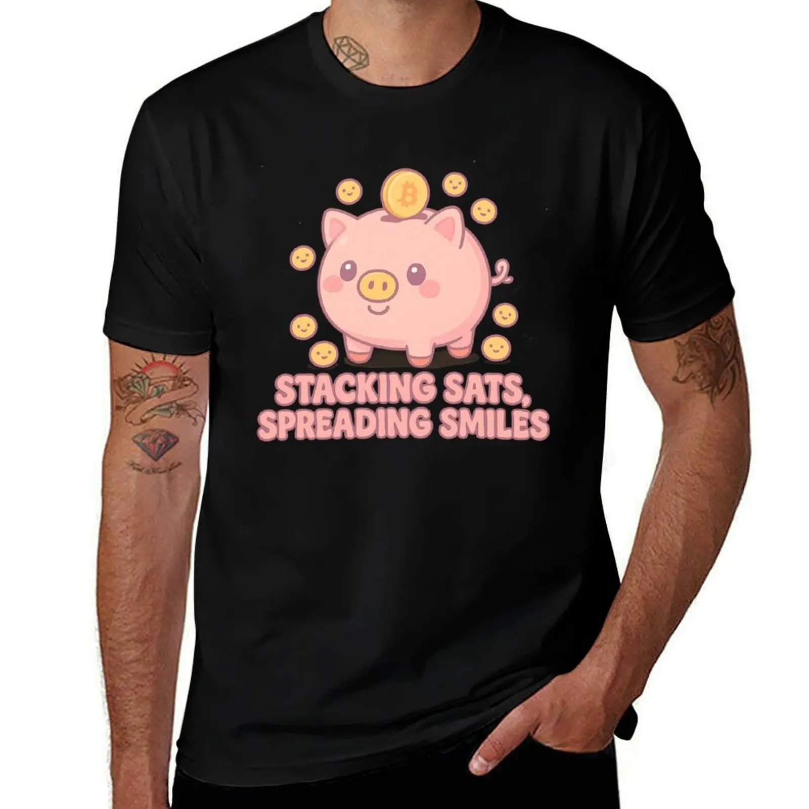 

Stacking Sats, Spreading Smiles - Kawaii Crypto Piggy Bank T-Shirt animal prinfor boys Clothing plus size tops men clothing
