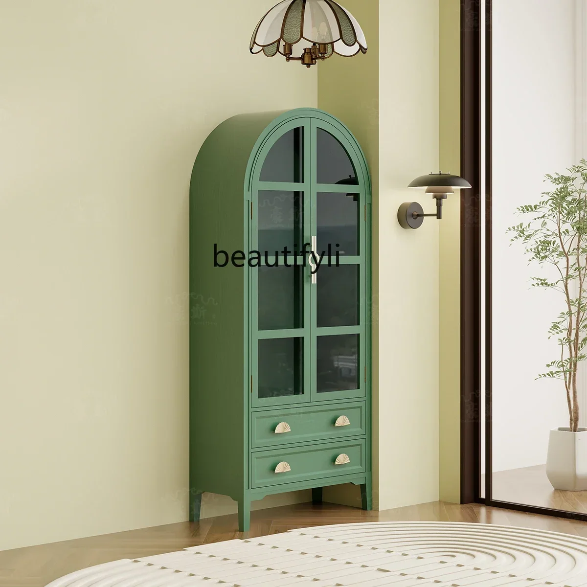 

LX37American Solid Wood Bookcase Storage Bookshelf Arched Glass Door Locker French Display CabinetSSS