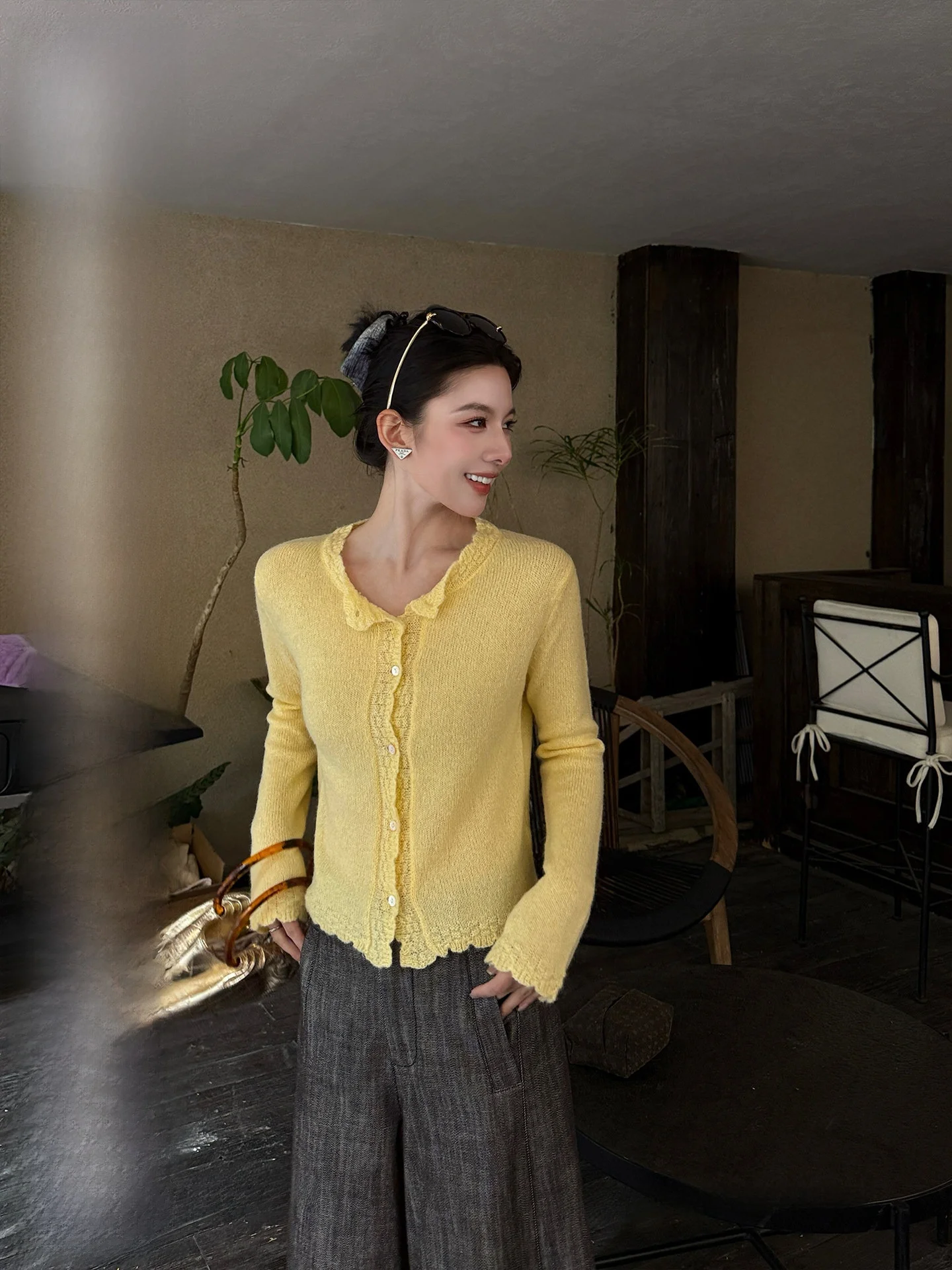 

Дышащий вязаный кардиган для женщин из мягкого акрила, цвета манго, с круглым вырезом, повседневный топ