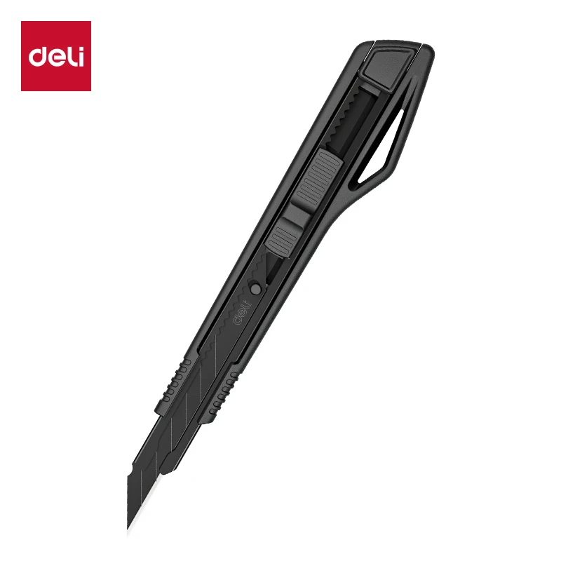 Deli Hochleistungs-Universalmesser 9mm/18mm Scharfer Schwarzer SK5 Kohlenstoffstahl Automatisch Einziehbarer Kartonschneider für Pappe und Kartons