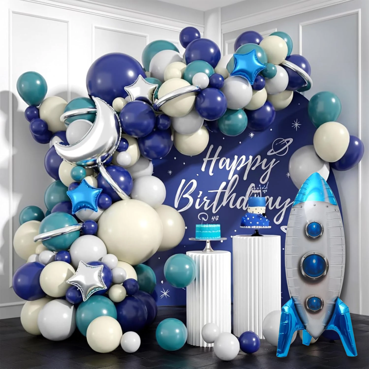 Space Balloon Arch Kit – Marineblaue/weiße/graue Folienballons für Astronauten-Geburtstage, UFO-Party und galaktische Duschdekoration für Jungen – Detail 5