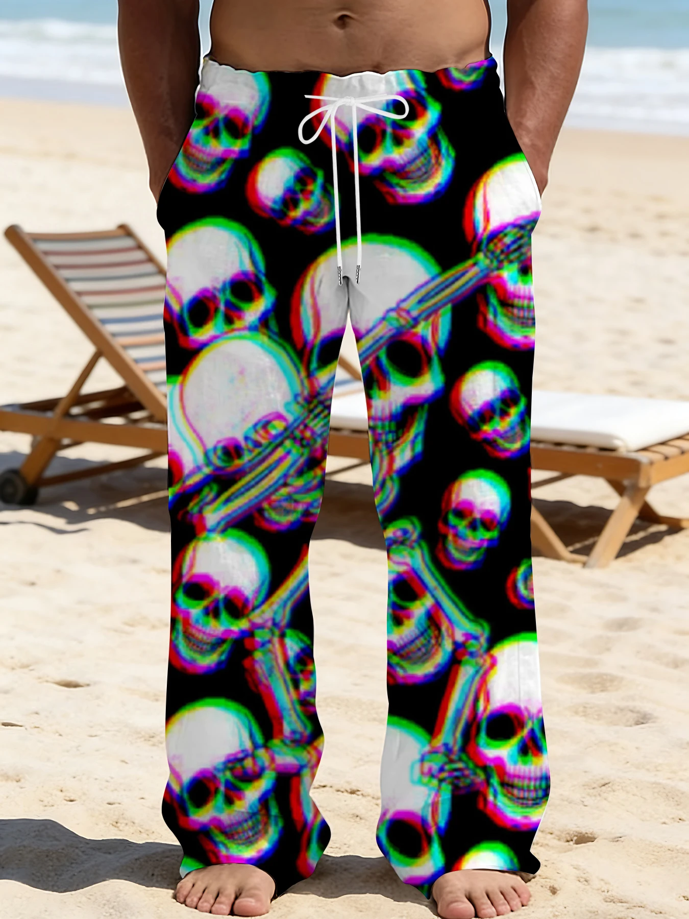 

2026 Men's Printed Straight Leg Pants Abstract Wave Design Drawstring Waist Loose Fit Summer Beach Casual Lightweight Trousers