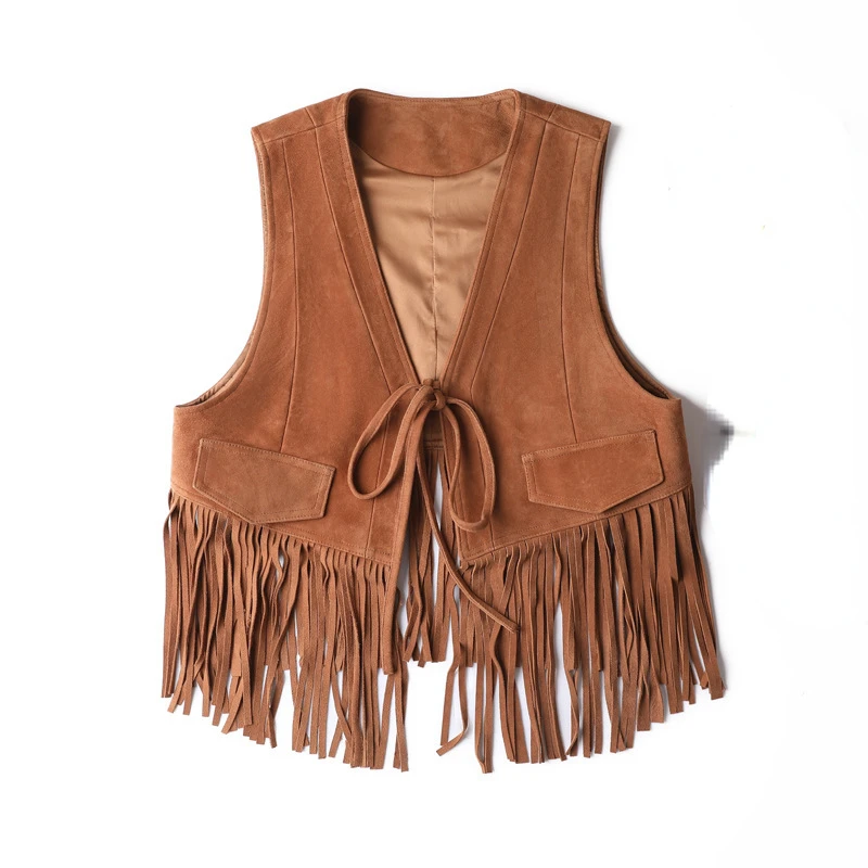 

Women Retro Genuine Leather Vests Jacket Retro Coats Spring Autumn Western Cowboy Sheepskin Suede Tassel Tops Dark Brown Lace-up