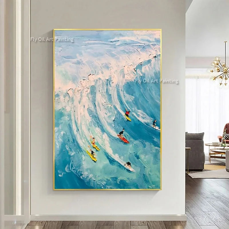 Blue And White Summer Seascape Oil Painting Modern Handmade People Surfing In The Sea Canvas Wall Art For Bedroom Decor As Gift