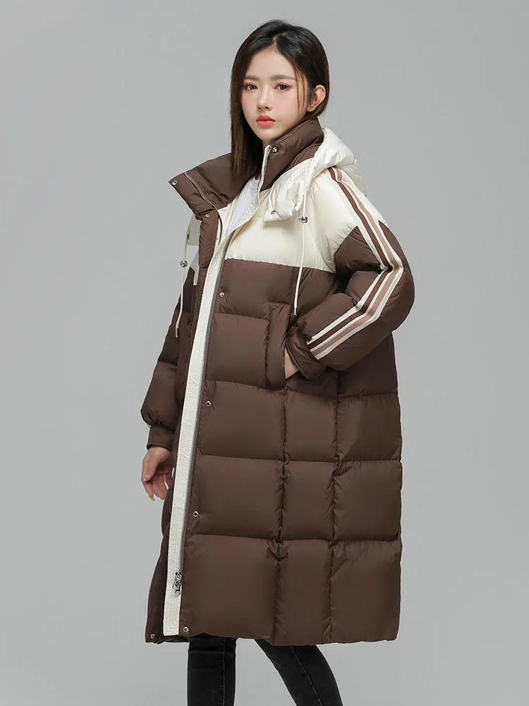 Women\'s Down Jacket 2023 Winter Korean Color Blocking Hooded Long Coats Warm White Duck Down Parker Fashion Jackets for Women