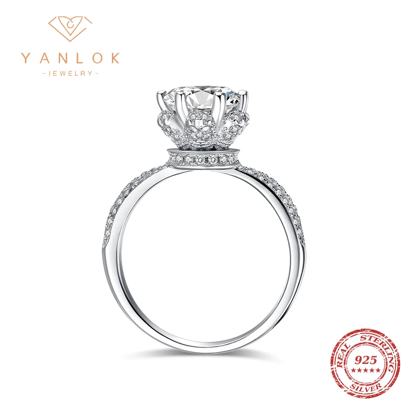 YANLOK 925 Sterling Silver Round Cut Cubic Zirconia Flower frame design Wedding Engagement Band Ring for Women Fine Jewelry