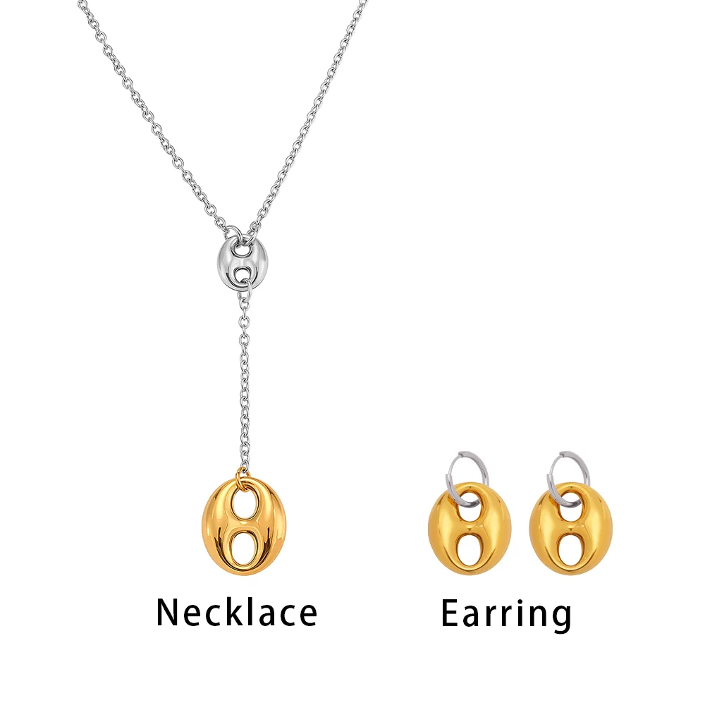Gold Color Silver Oval Pendant Necklace & Earrings Set, Women's Luxury