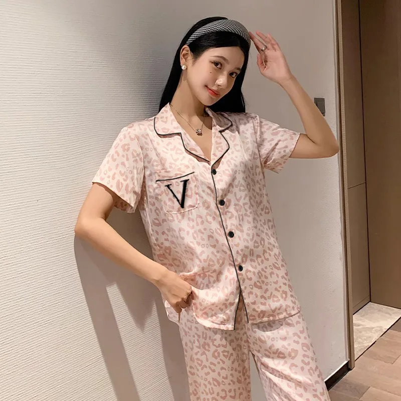 Women Pajamas Set Spring Summer 2 Piece Leopard Print Pyjama Faux Silk Satin Sleepwear Short Sleeve Pijama Mujer Pjs Homewear