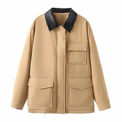 Zach Ailsa 2024 Autumn/Winter New Product Women's Contrast Panel Cotton Coat Leather Effect Flip Collar Pocket Decoration Coat