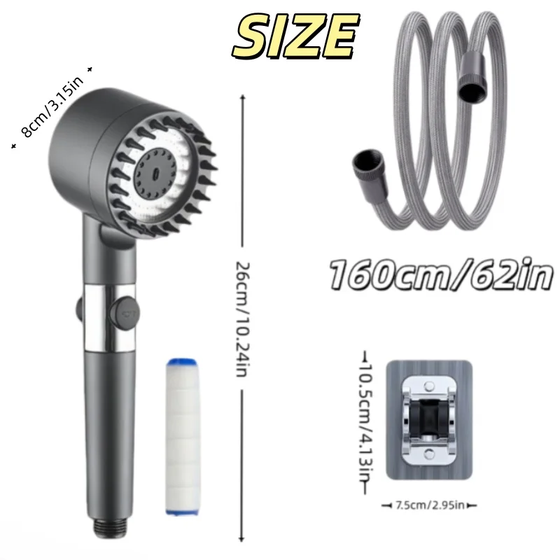 Gray Medium Shower Built-in Filter 3 Modes One Key Stop 62in Braided Hose No Drill Bracket 20/15/10PCS Filters Shower Only