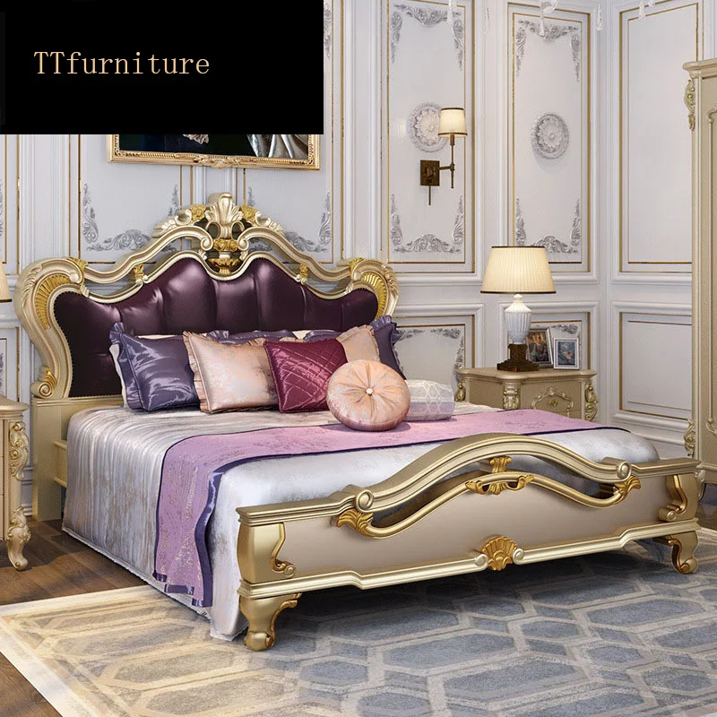 

Modern european Italian Solid wood Genuine Leather Bed Fashion Carved Luxurious French Bedroom Set Furniture King Size jx116