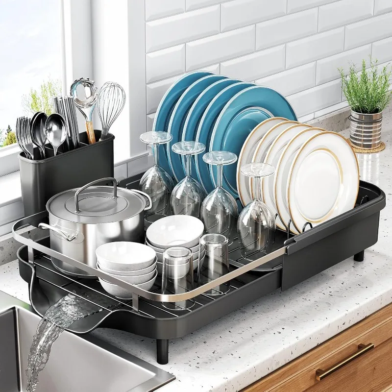 

Dish Drying Rack, Expandable Dish Rack for Kitchen Counter, Stainless Steel Dish Drainer with Drainboard Set and Utensil Holder