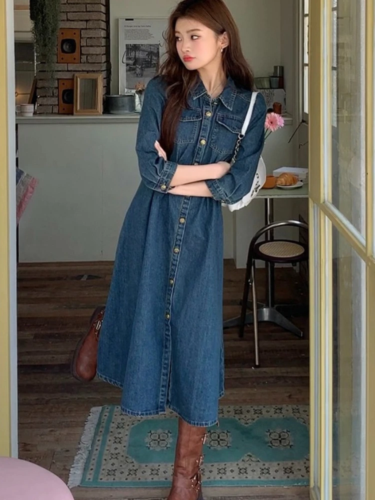 Retro Slim-Fit Langes Kleid für Damen 2026 Frühling Vintage Jeanskleid Hochgeschnittenes Plissiertes Tailliertes Midikleid
