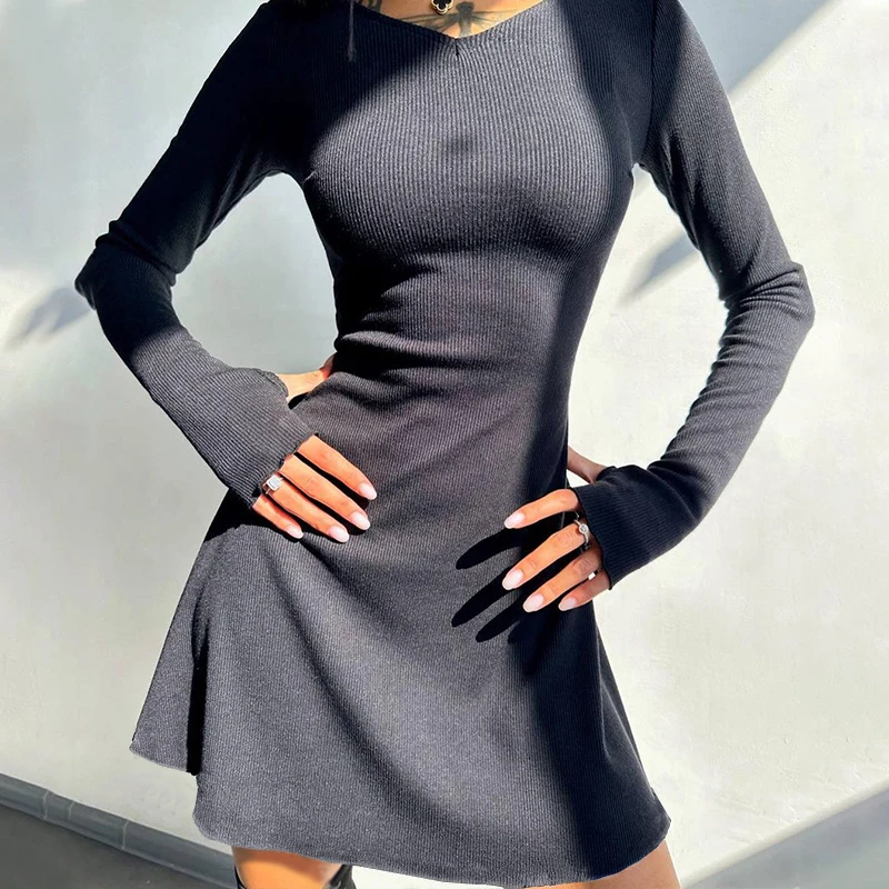 New Elegant And Pretty Women Dresses Autumn Winter Black Sexy Short Dress Female V Neck Long Sleeve Slim Solid Color Mini Dress