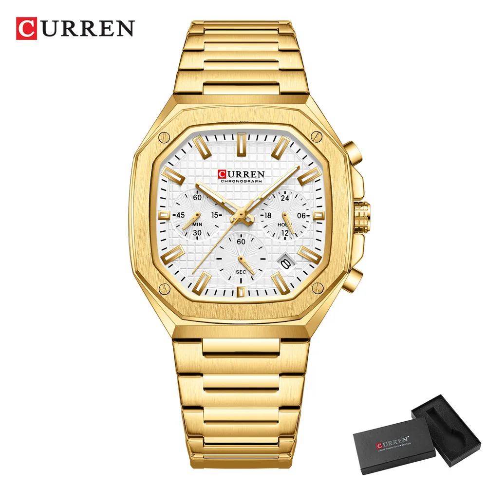 CURREN Top Marke Einzigartiges Design Quadratisches Vintage-Zifferblatt Edelstahlarmband Neue lässige Quarz-Herrenuhren mit Chronograph 8