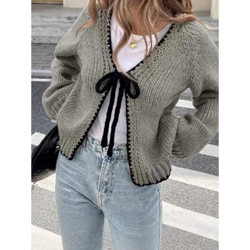 

Women's Clothing Autumn and winter knitted cardigan lace-up sweater solid color loose long-sleeved top jacket