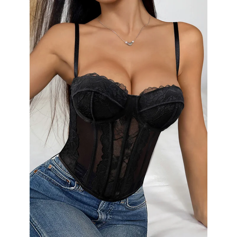

Новинка 2026: Черный кружевной топ-корсет с лоскутным узором, сексуальный, облегающий, для ношения как нижнее или верхнее белье, бюстье