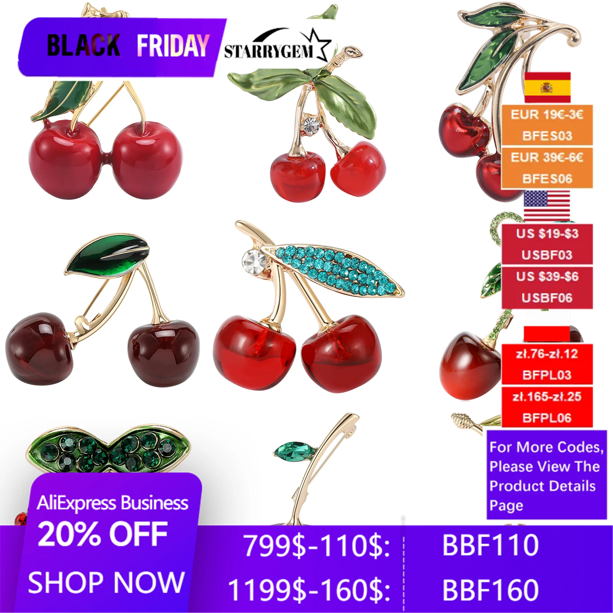 Rhinestone Cherry Brooches for Women Unisex Enamel Cherries Pins Office Party Collection Friends Gifts Accessories