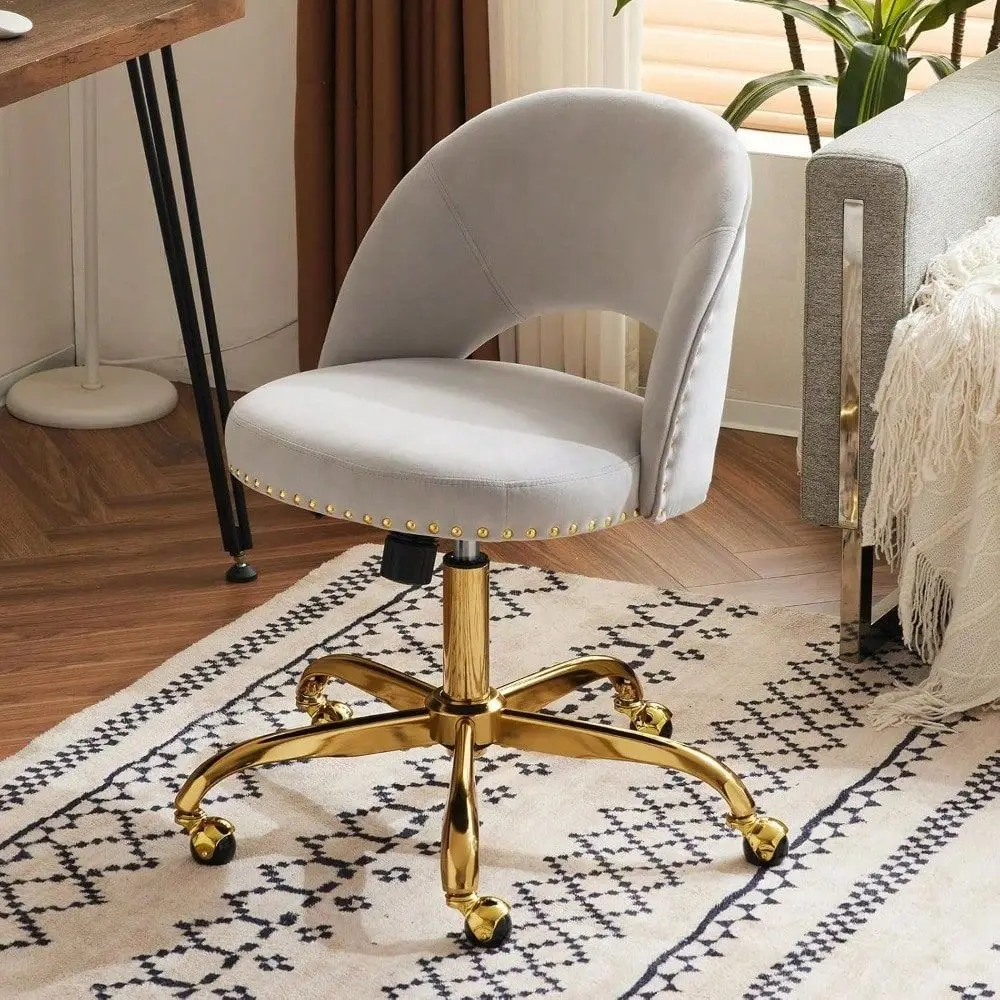 

Vanity Chair With Back, Girl Desk Chair With Silent Wheels And Velvet, Grey