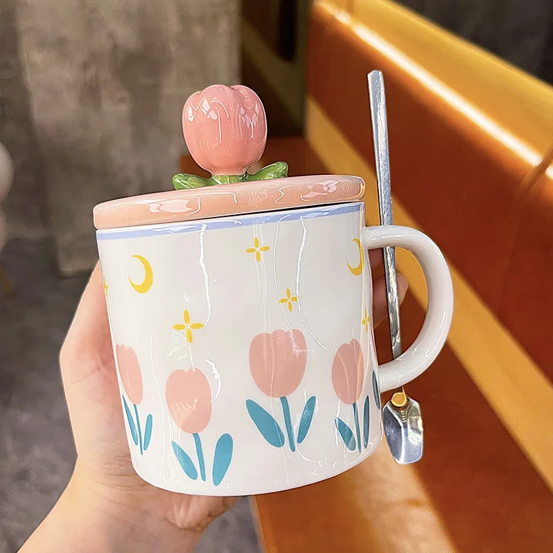 350ml Cute Tulip Water Cup Girl Heart Student Gift Ceramic Cups with Lid Spoon Office Mug High Appearanc Level To Go Coffee Cup