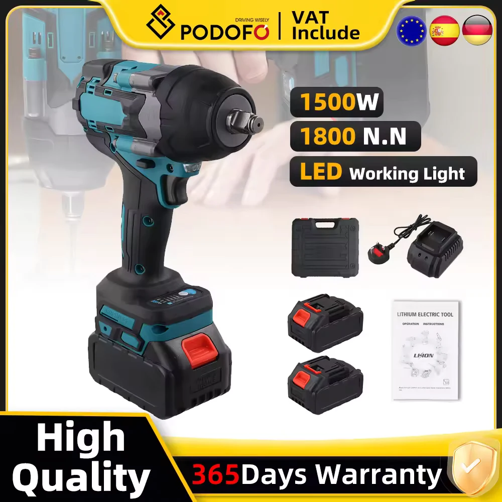 Podofo 1800N.M clé à chocs électrique sans brosse couple élevé 1/2 pouces tournevis sans fil industriel perceuse pour batterie Makita