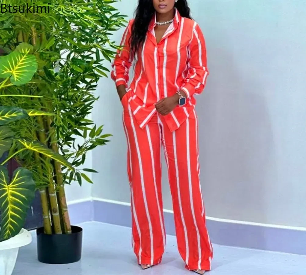 Fashion Elegant Two Piece Set Women's Striped Print Long Sleeve Lapel Button Shirts and Pants Casual Suit Ladies African Clothes