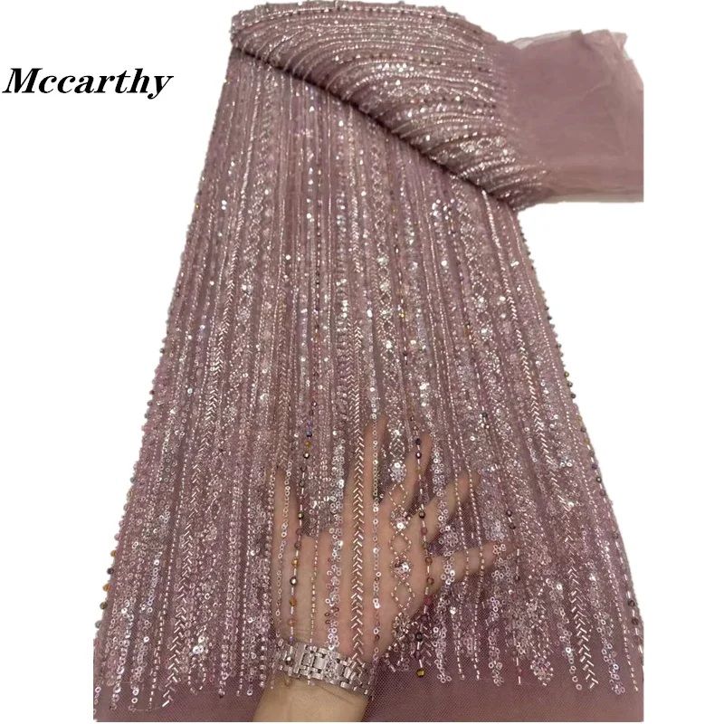 

Mccarthy 2024 Nigerian Handmade Beaded Tulle 5 Yards Lace Fabric African Luxury Sequins Pearls Mesh Fabric For Bridal Prom Dress