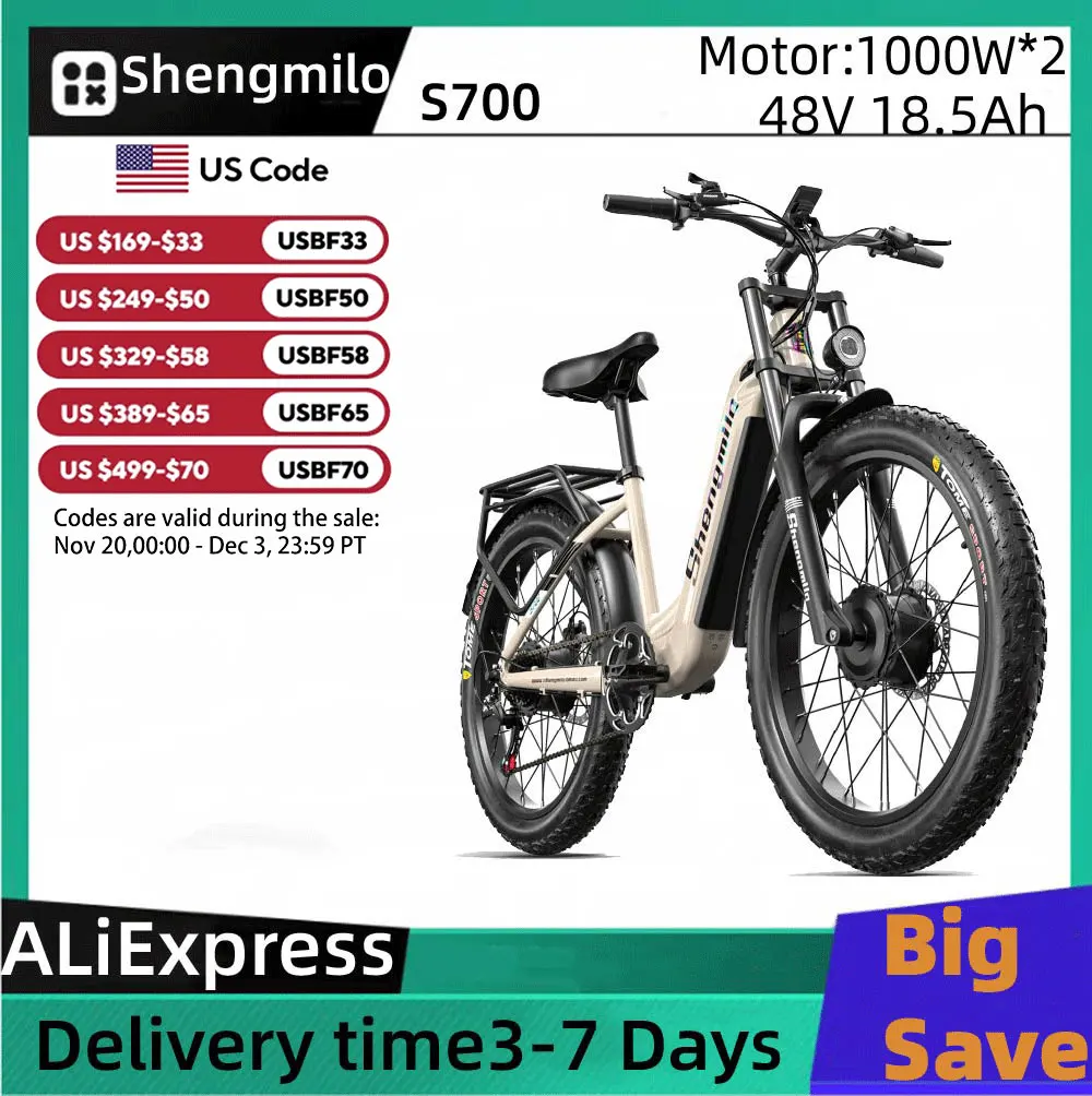 

Shengmilo S700 Adult E-bike 1000W*2 Men's E-Mountain ebike with Two Motor, 48V18.5AH Battery Electric,26" Fat Tire Electric Bike