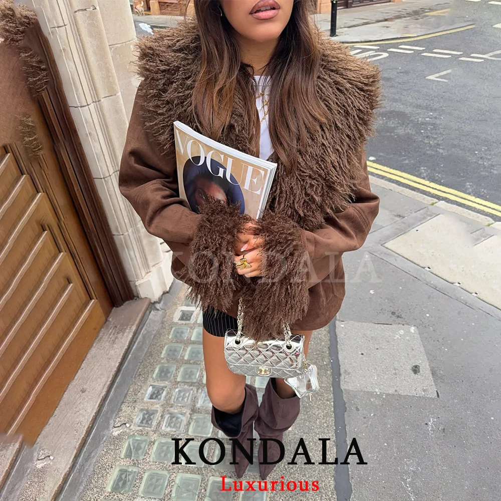 

KONDALA Винтажные шикарные коричневые куртки из искусственного меха с длинным рукавом и v-образным вырезом, карманами, свободные пальто, мода 2025 года, осень-зима, плотные теплые пальто