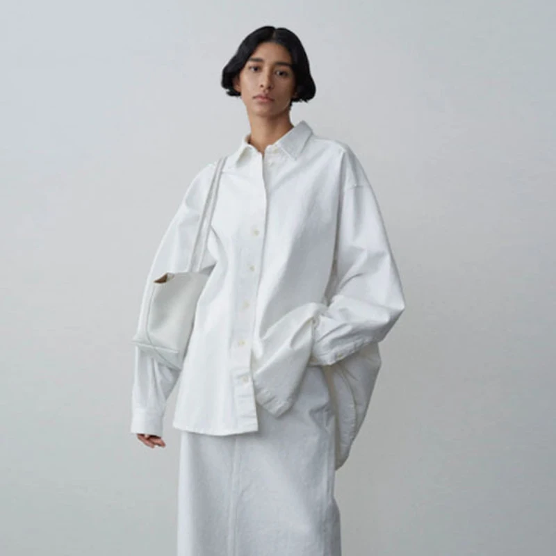 

Американская джинсовая рубашка свободного кроя из хлопка для женщин, белая, повседневная, деловая, модная