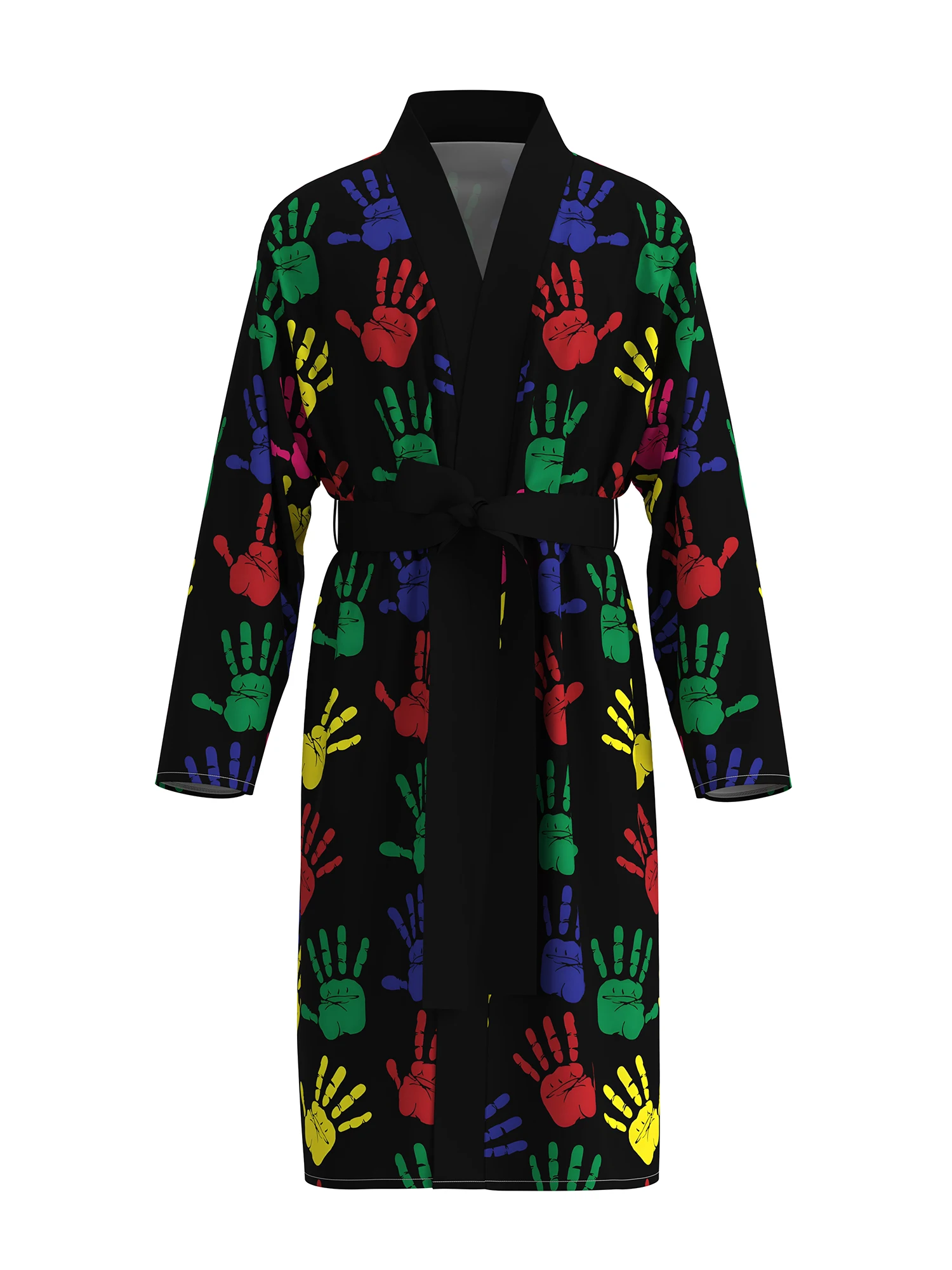 

Men's bathrobe 3D printed colorful handprint pattern bathrobe skin-friendly quick-drying spring and autumn thin style with belt
