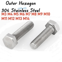 1-30pcs M3 M4 M5 M6 M7 M8 M9 M10 M11 M12 M13 M14 304 A2 Stainless Steel Full Thread Metric External Thread Hexagonal Bolt