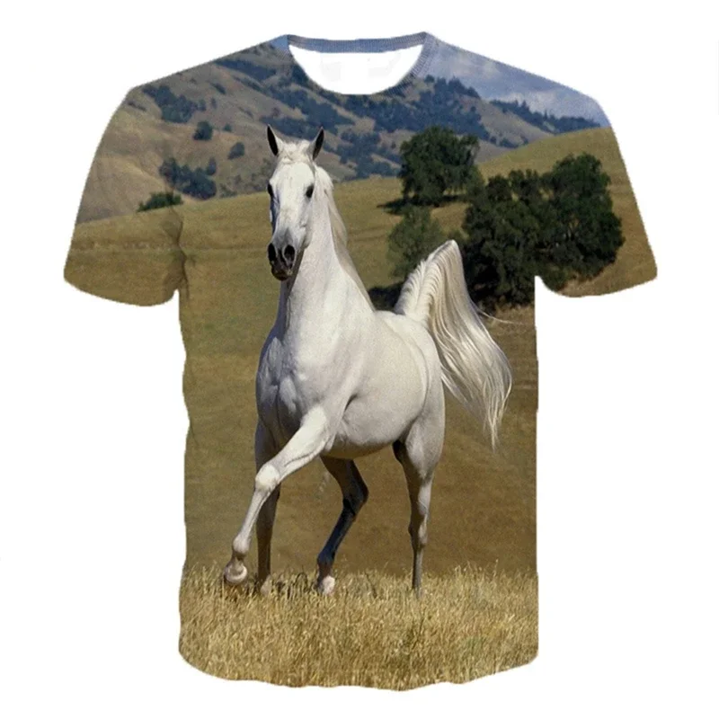 موضة الحصان الجرافيك تي شيرت للرجال الصيف طاقم الرقبة قصيرة الأكمام ثلاثية الأبعاد الحيوانات المطبوعة تي شيرت فضفاض الشارع الشهير الاطفال تيز القمم