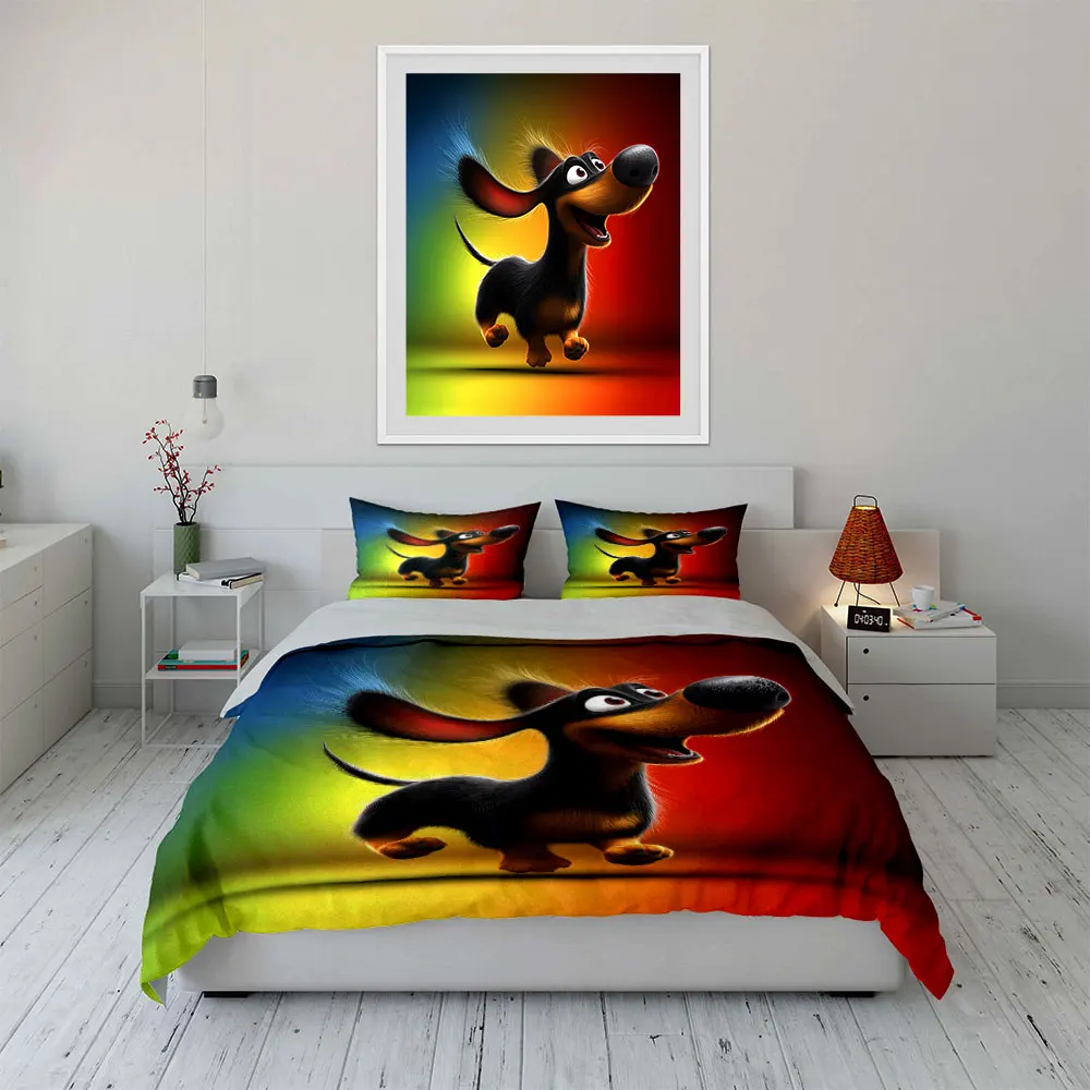 Cheerful jumping cartoon dachshund Duvet Cover Set with 3D Printing Design Soft Polyester Bedding Set All-Season Comfort