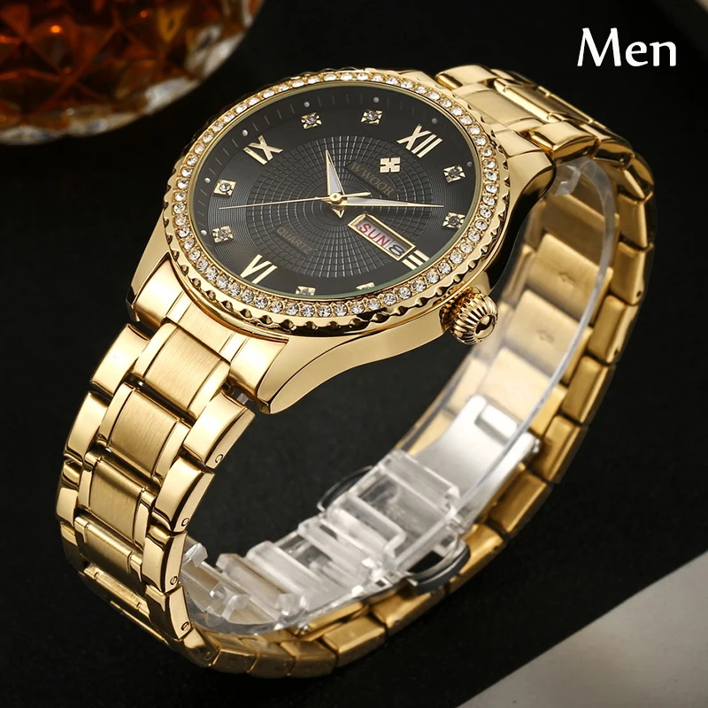 Wwoor-reloj de cuarzo de acero inoxidable para hombre y mujer, cronógrafo de lujo con diamantes dorados, regalo para pareja