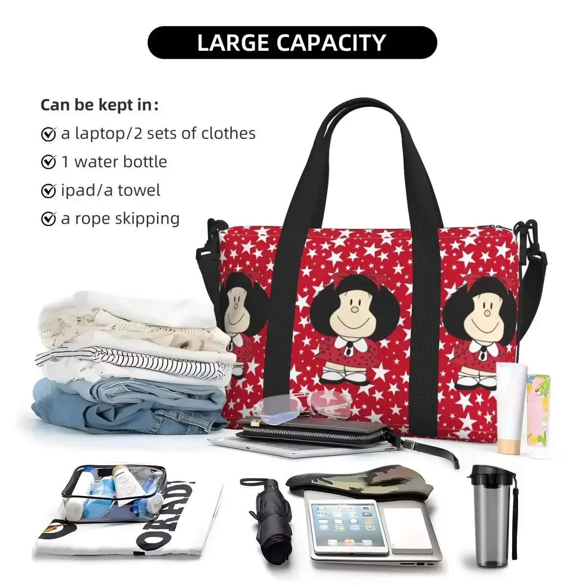 Borsa tote per la spesa personalizzata Kawaii Mafalda Cartoon Borse da viaggio da spiaggia per palestra anime di grande capacità da donna