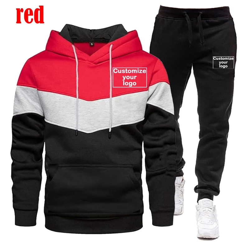 2024 Set sportivo da uomo personalizzato il tuo Logo felpa con cappuccio tricolore Set da 2 pezzi con felpa con cappuccio + pantaloni della tuta Set da Jogging