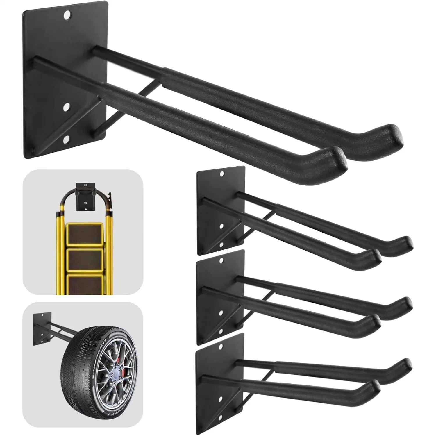 

14-Inch Heavy Duty Garage Hooks with Support Rods, 4-Pack Steel Wall Mount Hangers for Power Tools, Tires, Ladders, Garden Tools